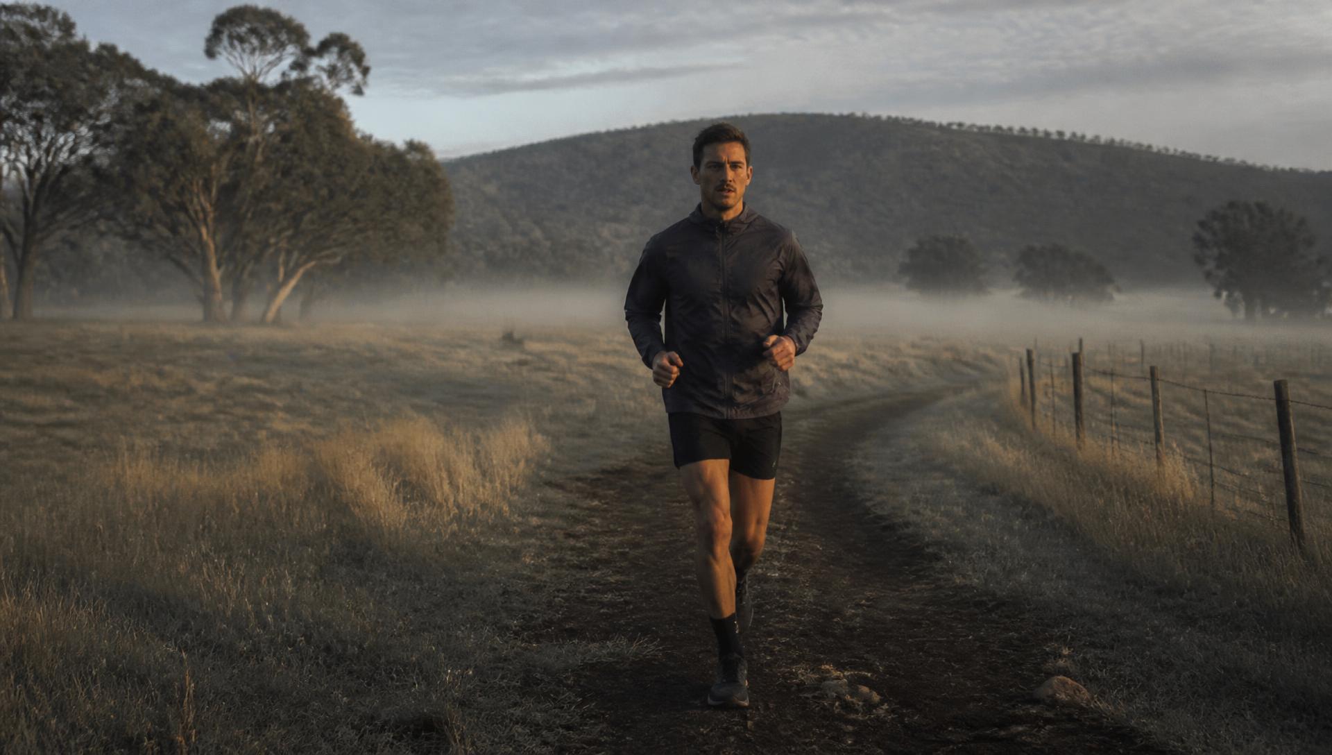 Runner on a misty early-morning paddock trail